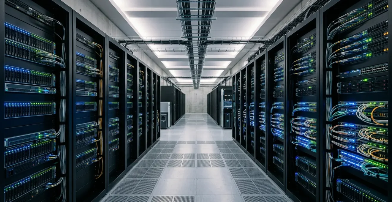 Infrastructure de datacenter montrant des systèmes redondants avec des connexions réseau multiples et des serveurs en cluster