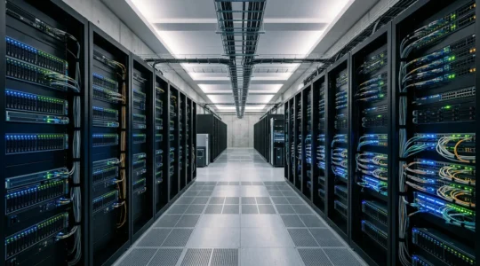 Infrastructure de datacenter montrant des systèmes redondants avec des connexions réseau multiples et des serveurs en cluster