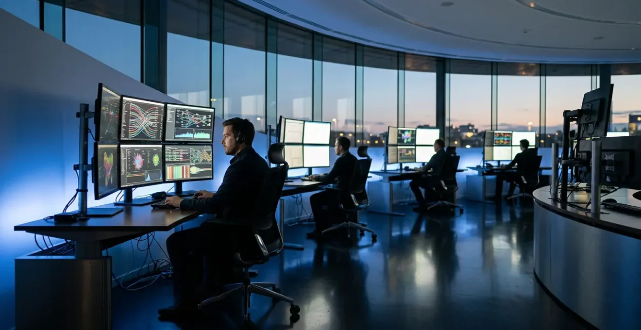 Centre d'opérations de sécurité réseau avec analystes surveillant des écrans de données en temps réel
