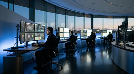 Centre d'opérations de sécurité réseau avec analystes surveillant des écrans de données en temps réel