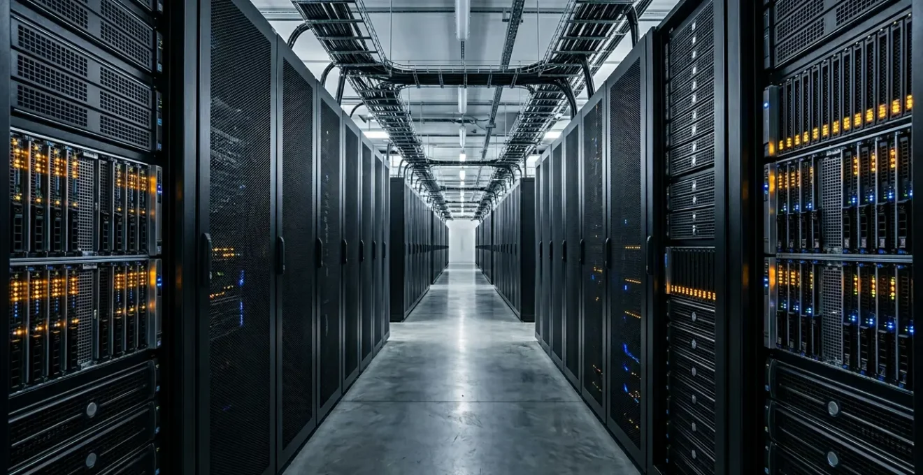 Centre de données avec racks de serveurs physiques montrant des indicateurs de performance CPU et RAM