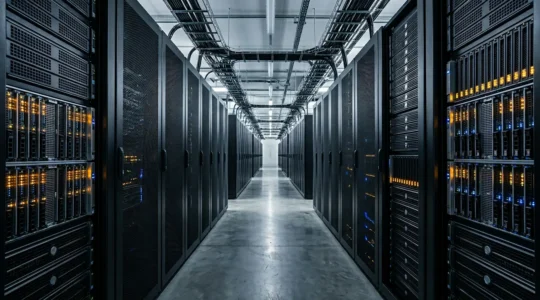 Centre de données avec racks de serveurs physiques montrant des indicateurs de performance CPU et RAM