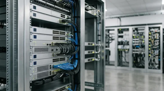Configuration d'un équipement réseau professionnel avec indicateurs de performance et flux de données