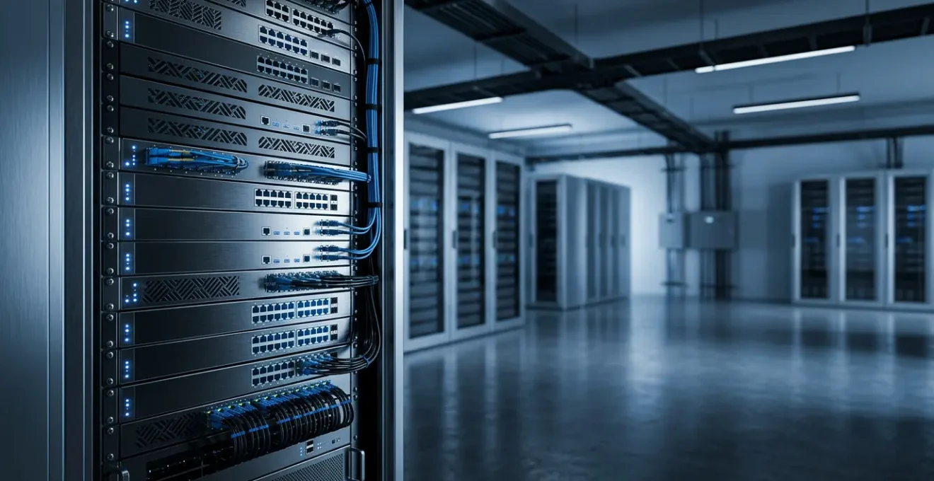 Salle serveur moderne avec routeur professionnel et écrans de monitoring réseau
