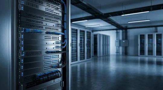 Salle serveur moderne avec routeur professionnel et écrans de monitoring réseau
