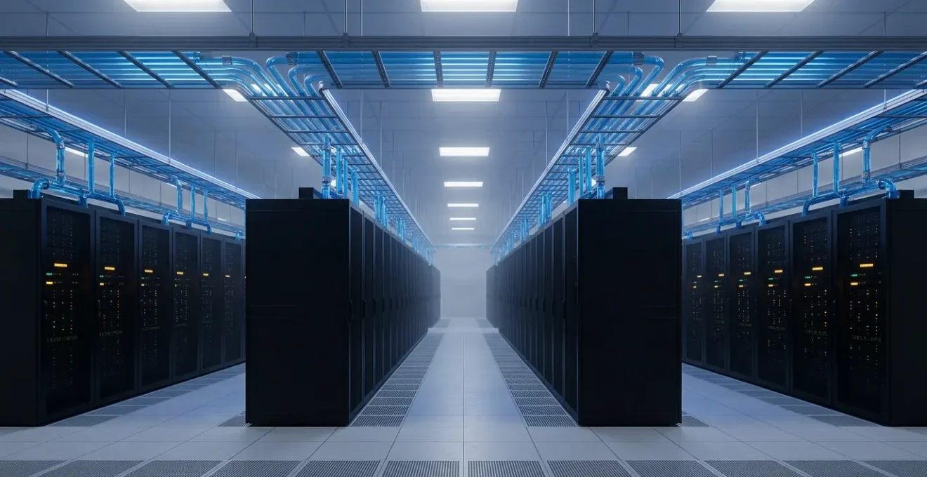Vue d'ensemble d'un datacenter moderne avec systèmes de refroidissement liquide et racks de serveurs haute densité