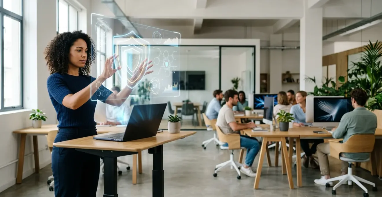 Un professionnel IT déploie sereinement un système MFA représenté par plusieurs écrans holographiques de sécurité flottants tandis qu'un groupe d'employés souriants travaille en arrière-plan