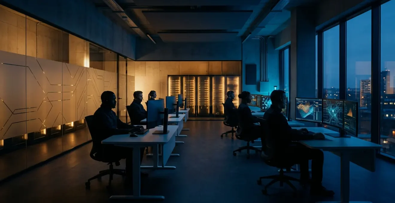 Vue d'ensemble d'un centre de commande de sécurité informatique moderne avec analystes surveillant plusieurs écrans