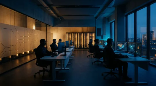 Vue d'ensemble d'un centre de commande de sécurité informatique moderne avec analystes surveillant plusieurs écrans