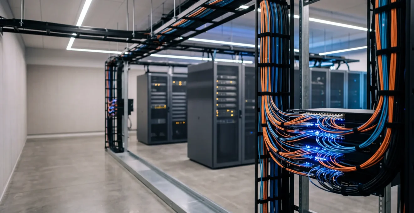 Infrastructure réseau d'entreprise moderne avec câbles fibre optique et équipements de switching