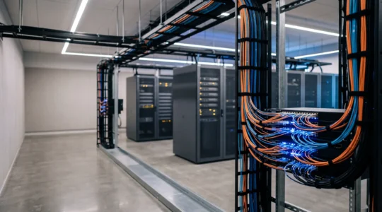 Infrastructure réseau d'entreprise moderne avec câbles fibre optique et équipements de switching