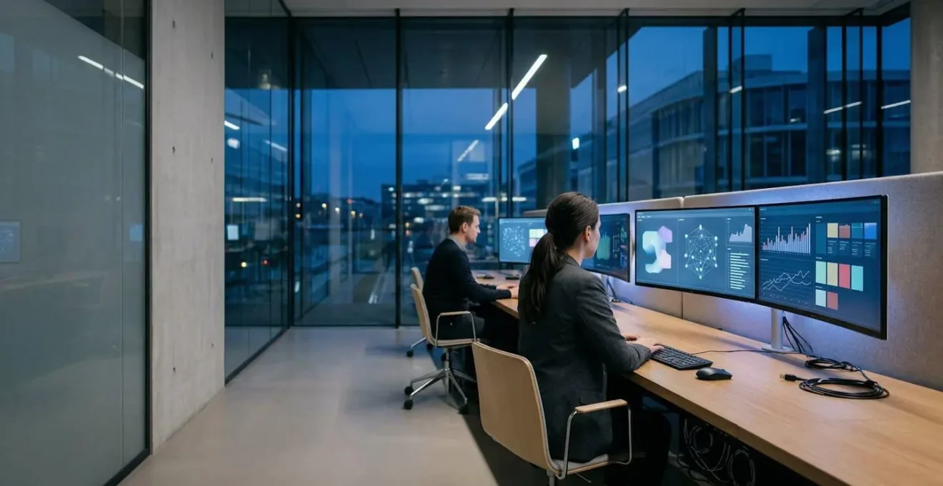 Centre de contrôle IT moderne avec tableaux de bord et infrastructure cloud