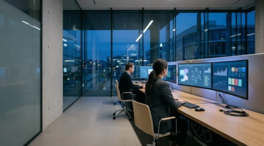 Centre de contrôle IT moderne avec tableaux de bord et infrastructure cloud