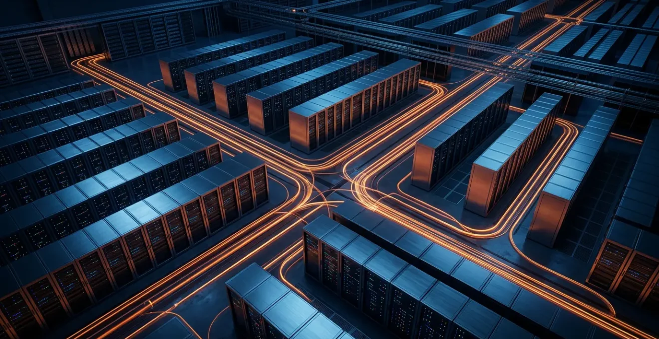 Vue aérienne d'un centre de données moderne avec des chemins lumineux représentant les flux de données sécurisés