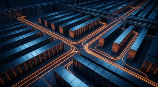 Vue aérienne d'un centre de données moderne avec des chemins lumineux représentant les flux de données sécurisés