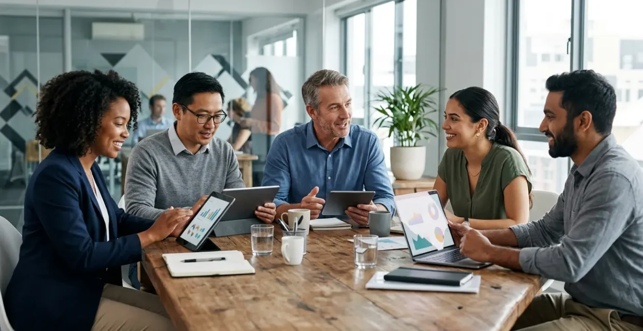 Équipe de PME travaillant ensemble sur l'implémentation d'un ERP dans un bureau moderne