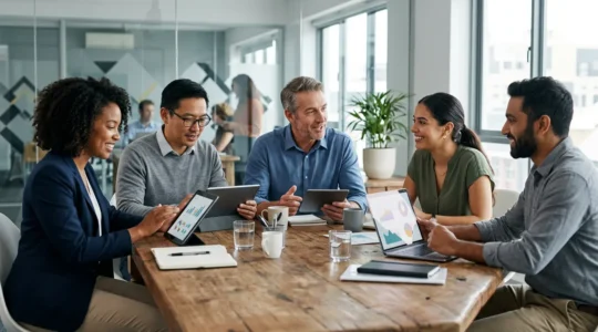 Équipe de PME travaillant ensemble sur l'implémentation d'un ERP dans un bureau moderne