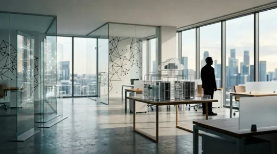 Architecte d'entreprise analysant des diagrammes d'infrastructure cloud et on-premise dans un bureau moderne