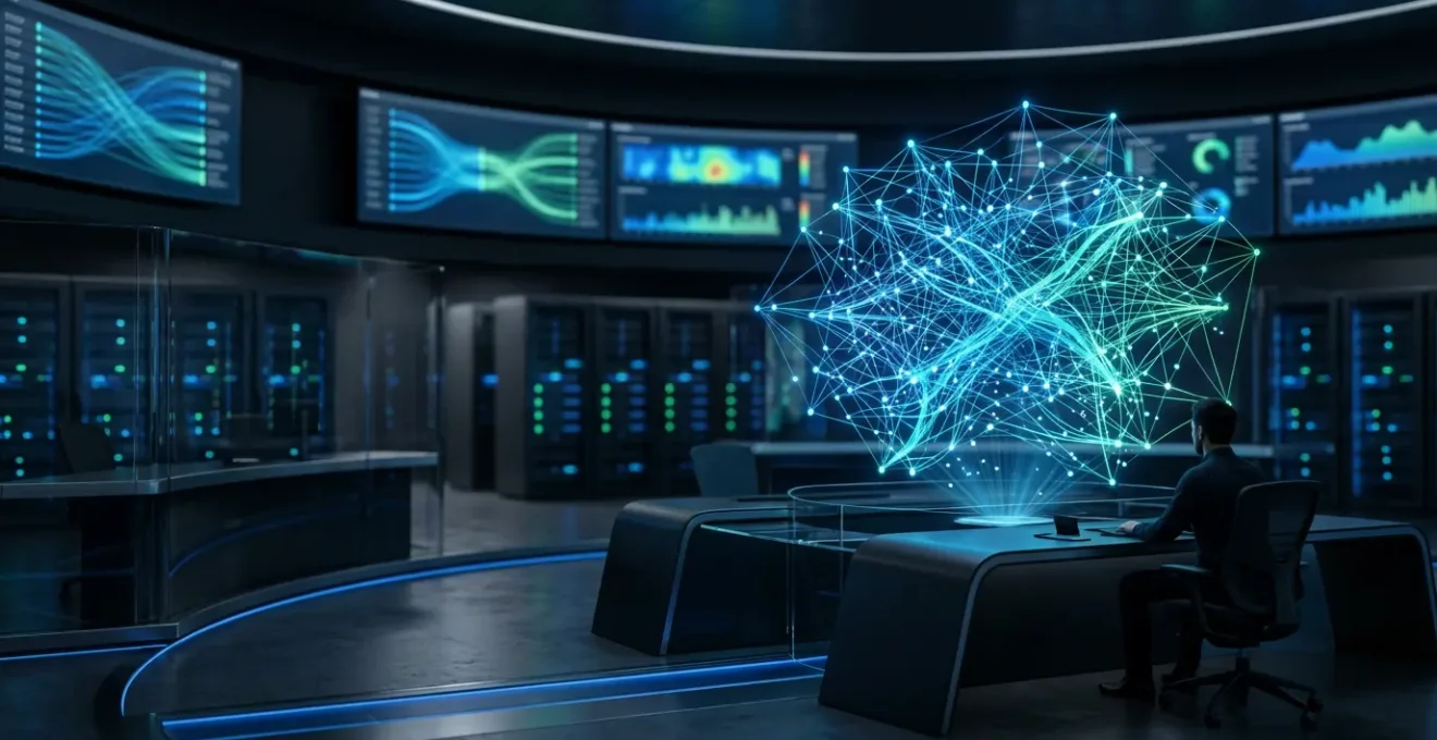 Centre de contrôle réseau moderne avec visualisation du filtrage applicatif Layer 7