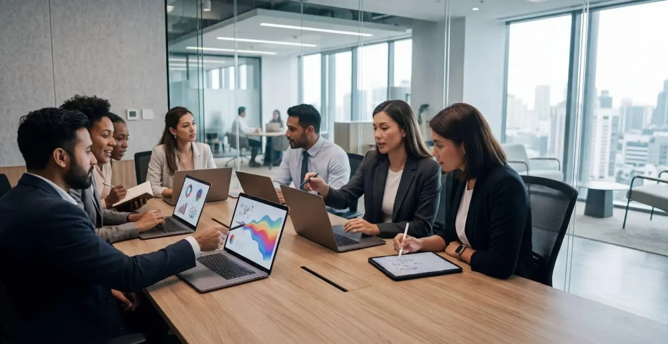 Vue moderne d'un espace de travail avec équipes collaborant autour de tableaux de bord numériques pour optimiser les solutions logicielles