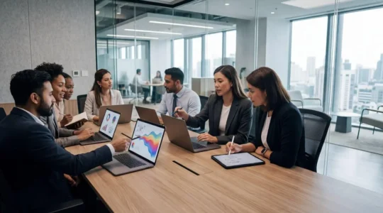 Vue moderne d'un espace de travail avec équipes collaborant autour de tableaux de bord numériques pour optimiser les solutions logicielles