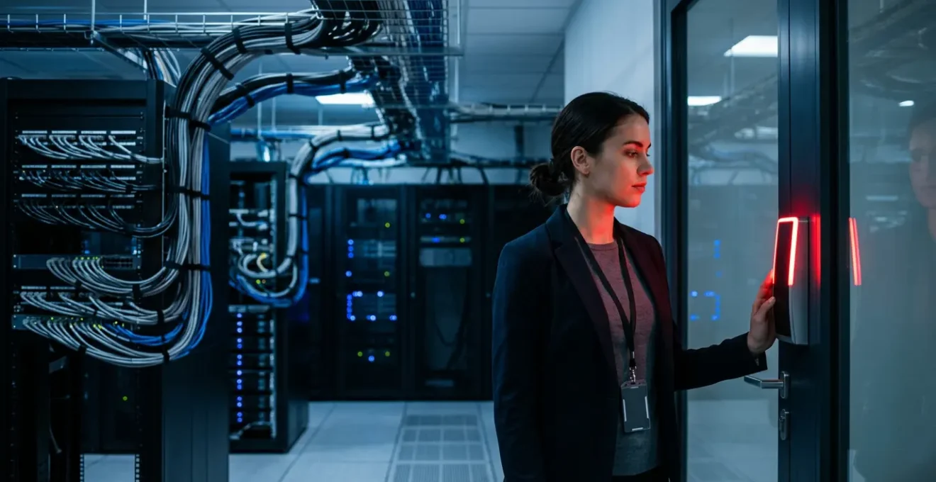 Salle de serveurs moderne avec panneau d'accès numérique affichant une lumière rouge d'accès refusé