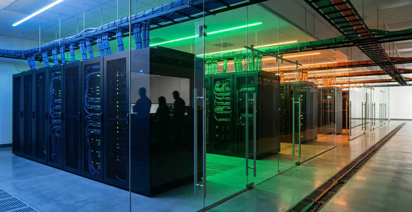 Infrastructure réseau d'entreprise segmentée en zones colorées distinctes protégeant contre les cyberattaques