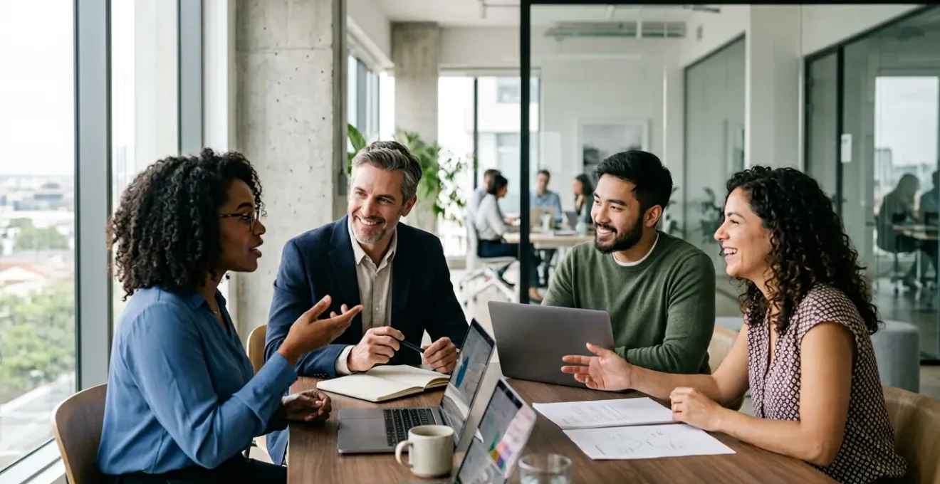 Vue en perspective d'un espace de travail moderne montrant plusieurs professionnels collaborant naturellement autour d'interfaces numériques intuitives, illustrant l'adoption harmonieuse d'outils métiers