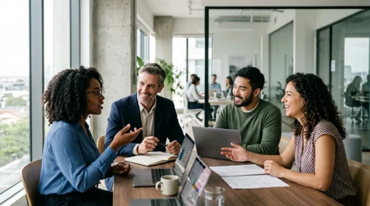 Vue en perspective d'un espace de travail moderne montrant plusieurs professionnels collaborant naturellement autour d'interfaces numériques intuitives, illustrant l'adoption harmonieuse d'outils métiers