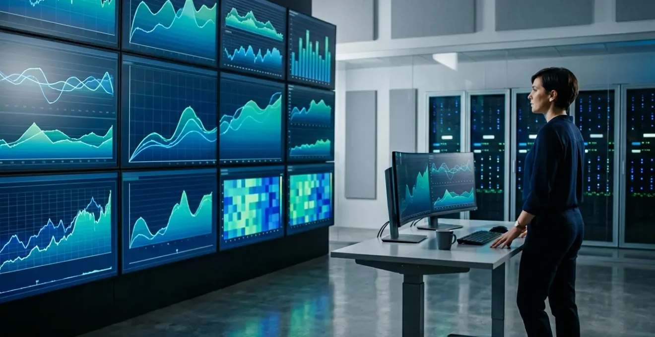 Centre de supervision IT moderne avec écrans de monitoring prédictif et tableaux de bord temps réel