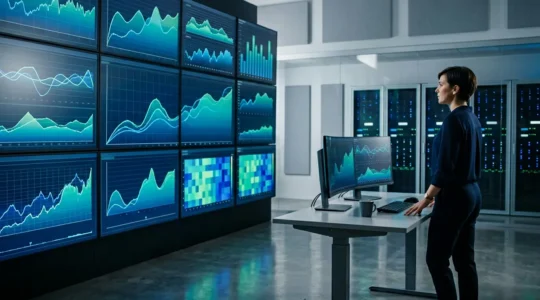 Centre de supervision IT moderne avec écrans de monitoring prédictif et tableaux de bord temps réel