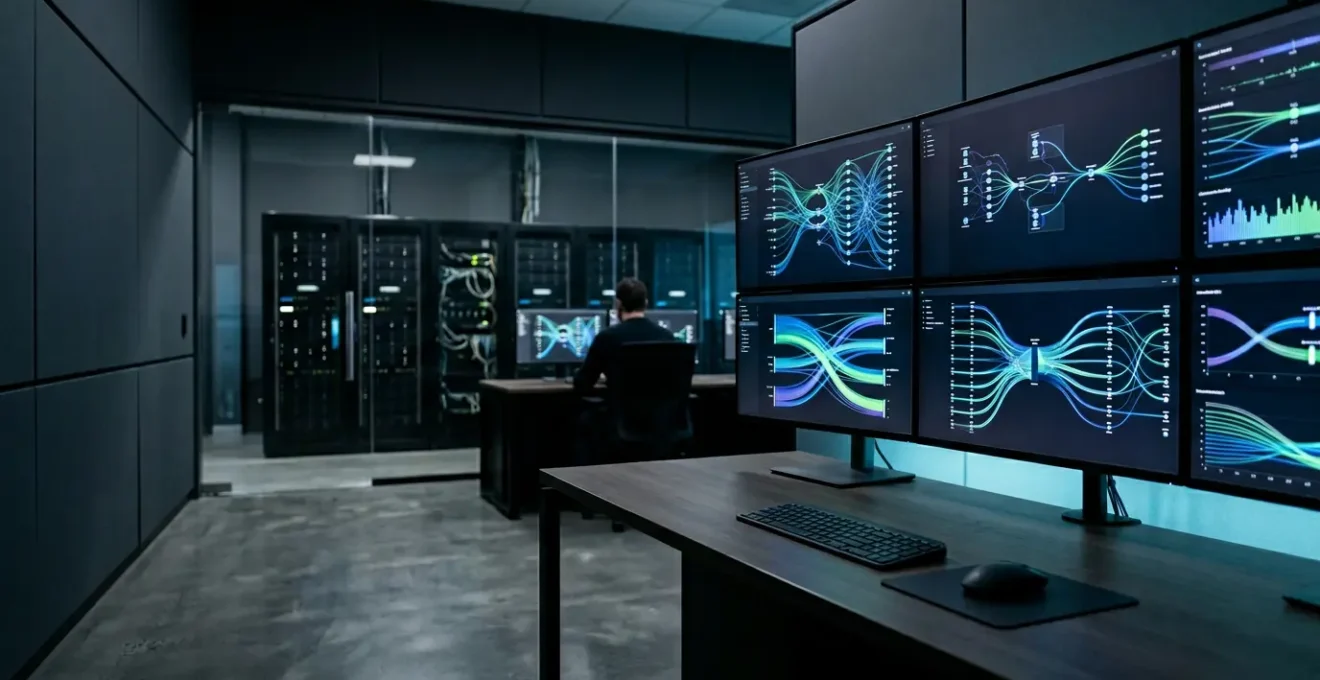 Tableau de bord de monitoring réseau affichant des métriques de bande passante et flux de données colorés