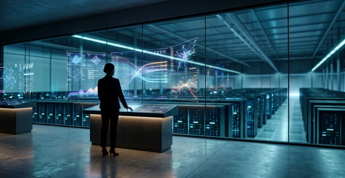 Centre de contrôle moderne avec tableaux de bord analytiques affichant des métriques de performance système en temps réel