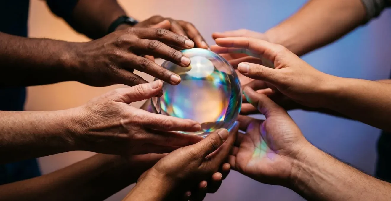 Mains diverses tenant ensemble une sphère lumineuse symbolisant l'adoption unanime d'une solution