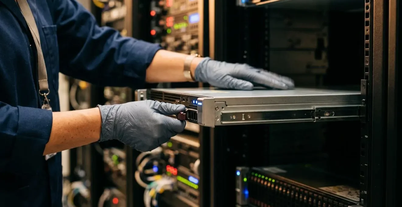 Mains d'un technicien connectant un nouveau nœud serveur dans un rack datacenter