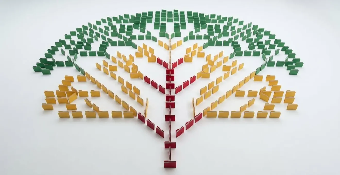 Vue aérienne d'une structure de dossiers organisée par niveaux de sensibilité avec codes couleur
