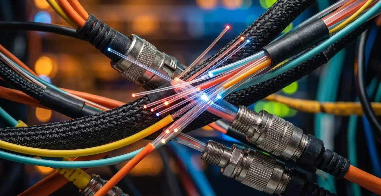 Vue macro de câbles réseau et fibres optiques dans un datacenter