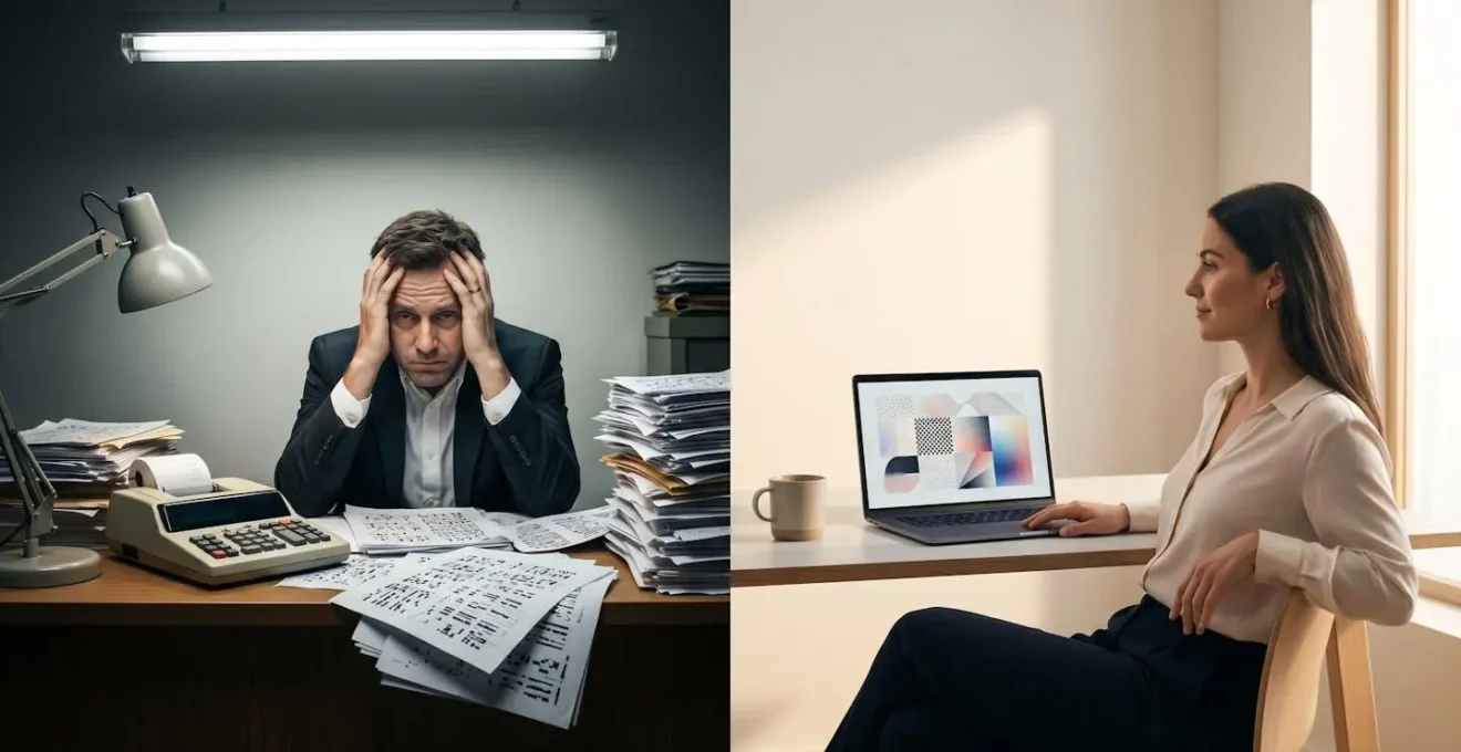 Comparaison visuelle entre un tableur complexe et une interface moderne de gestion de trésorerie
