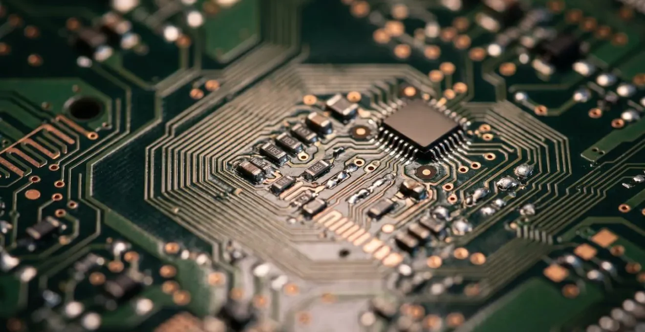 Vue macro de circuits électroniques représentant l'infrastructure technique