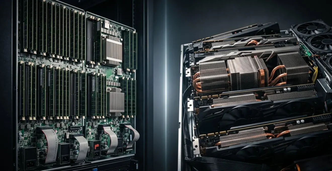 Comparaison visuelle entre une infrastructure CPU traditionnelle et un cluster GPU pour IA