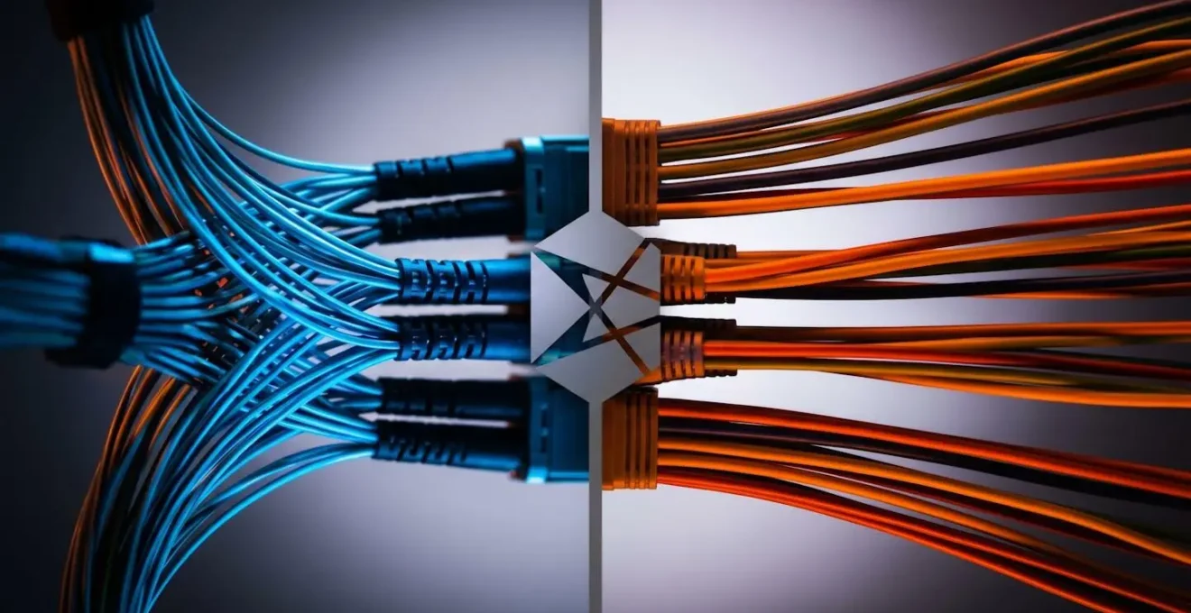Comparaison visuelle entre architecture stacking et LACP avec câbles de connexion et équipements réseau