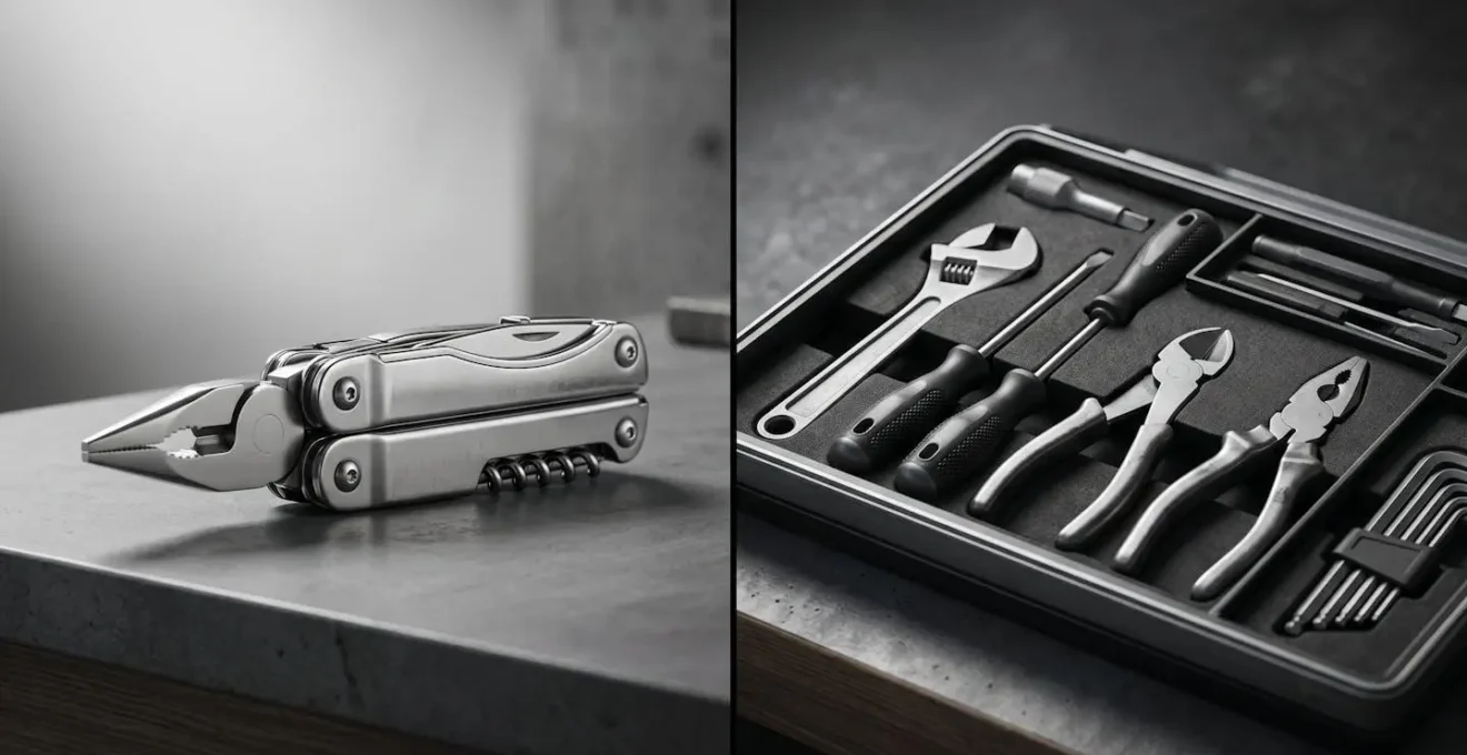 Métaphore visuelle comparant une boîte à outils modulaire à un couteau suisse géant