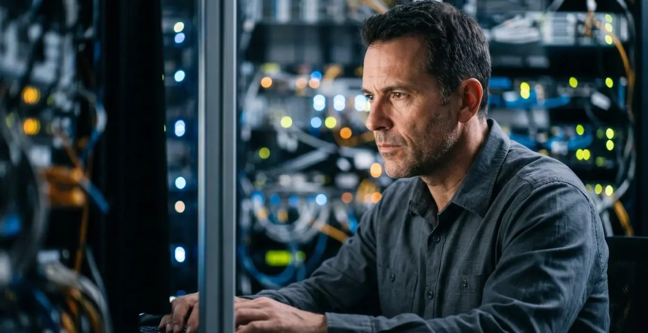 Ingénieur IT configurant une infrastructure hybride cloud dans un datacenter moderne