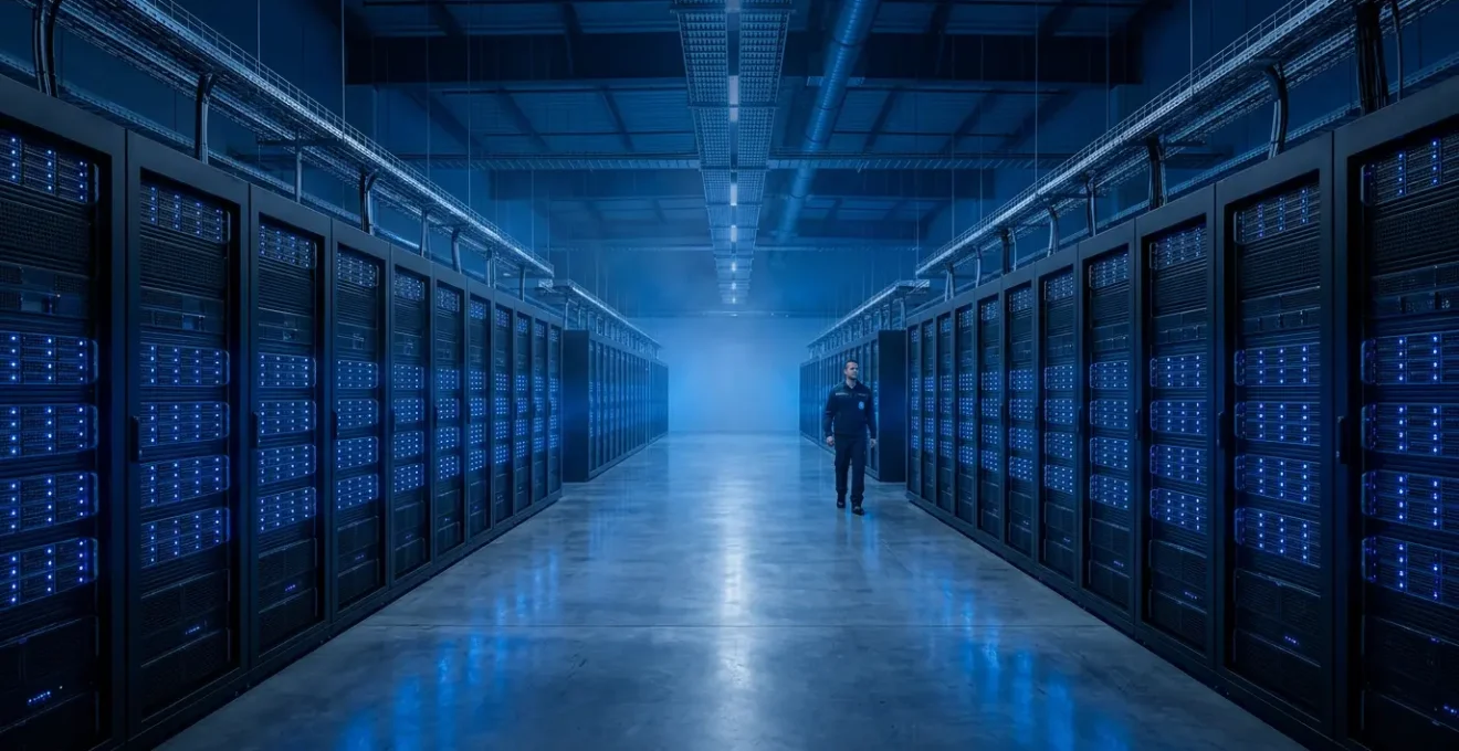 Salle de serveurs moderne avec éclairage bleu pour illustrer l'automatisation CI/CD