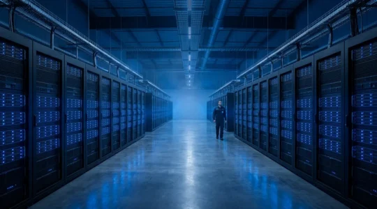Salle de serveurs moderne avec éclairage bleu pour illustrer l'automatisation CI/CD