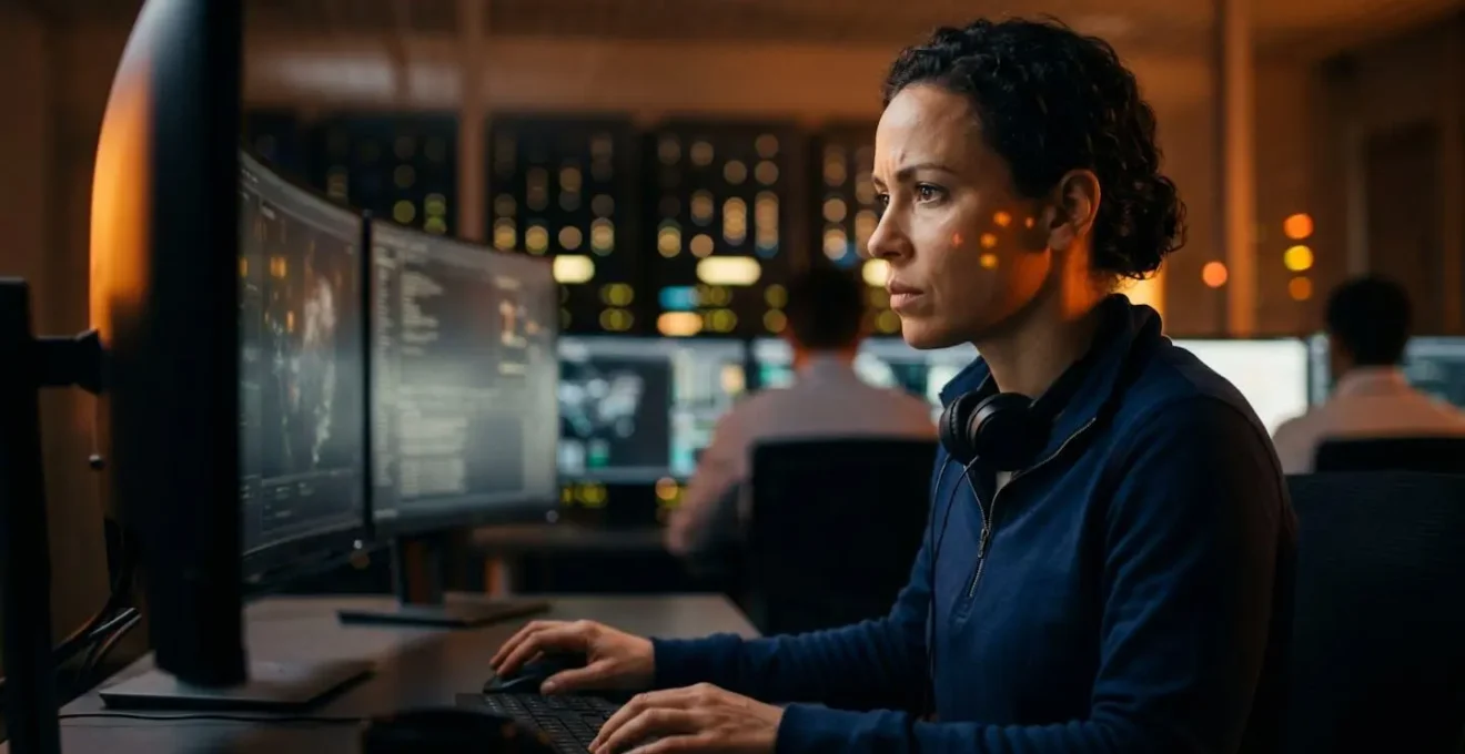 Centre de surveillance avec écrans de monitoring affichant des graphiques de sécurité abstraits