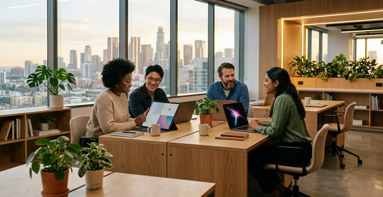 Environnement de travail numérique moderne avec espaces collaboratifs et technologie de pointe dans un open space lumineux