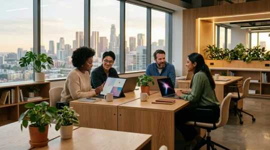 Environnement de travail numérique moderne avec espaces collaboratifs et technologie de pointe dans un open space lumineux