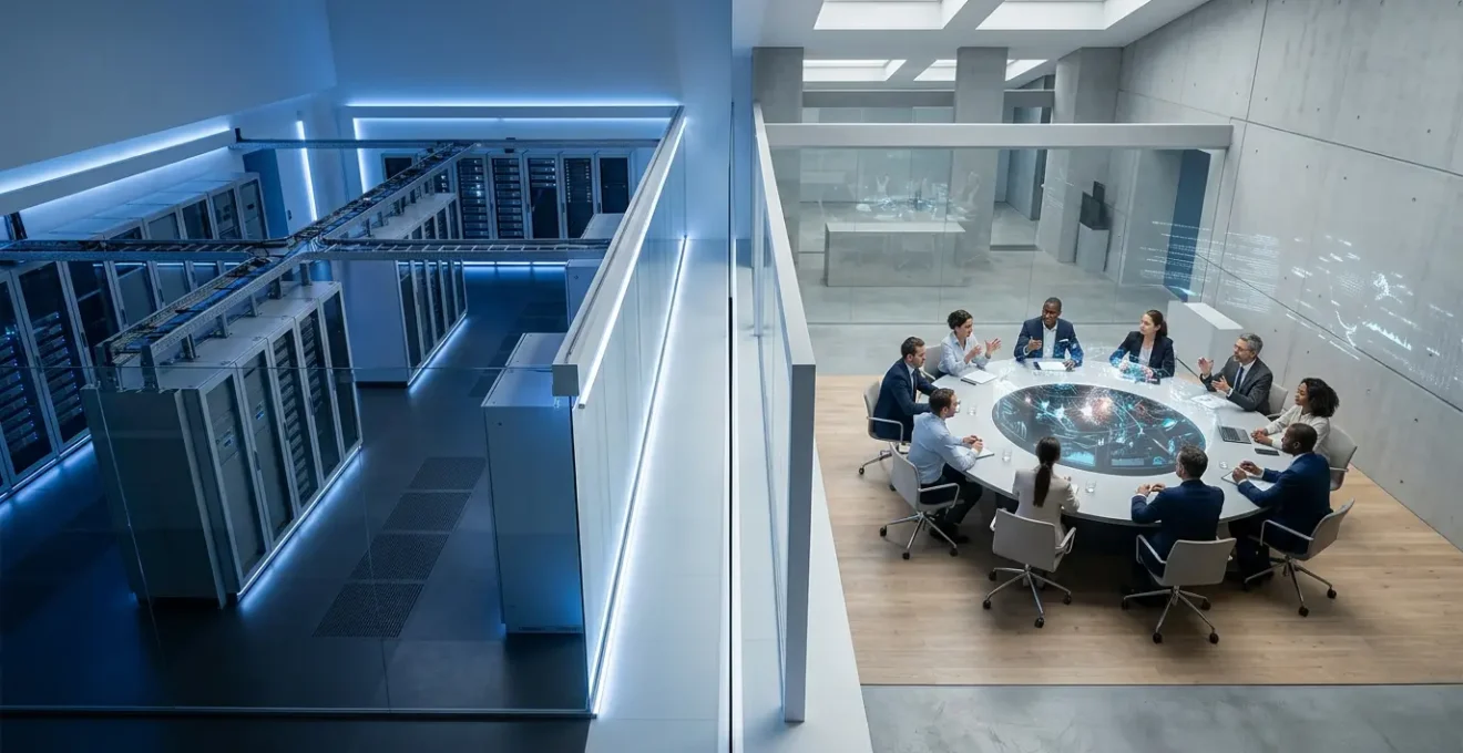 Vue aérienne d'un bureau moderne montrant l'équilibre entre technologie et stratégie d'entreprise