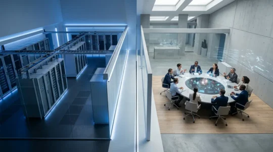 Vue aérienne d'un bureau moderne montrant l'équilibre entre technologie et stratégie d'entreprise